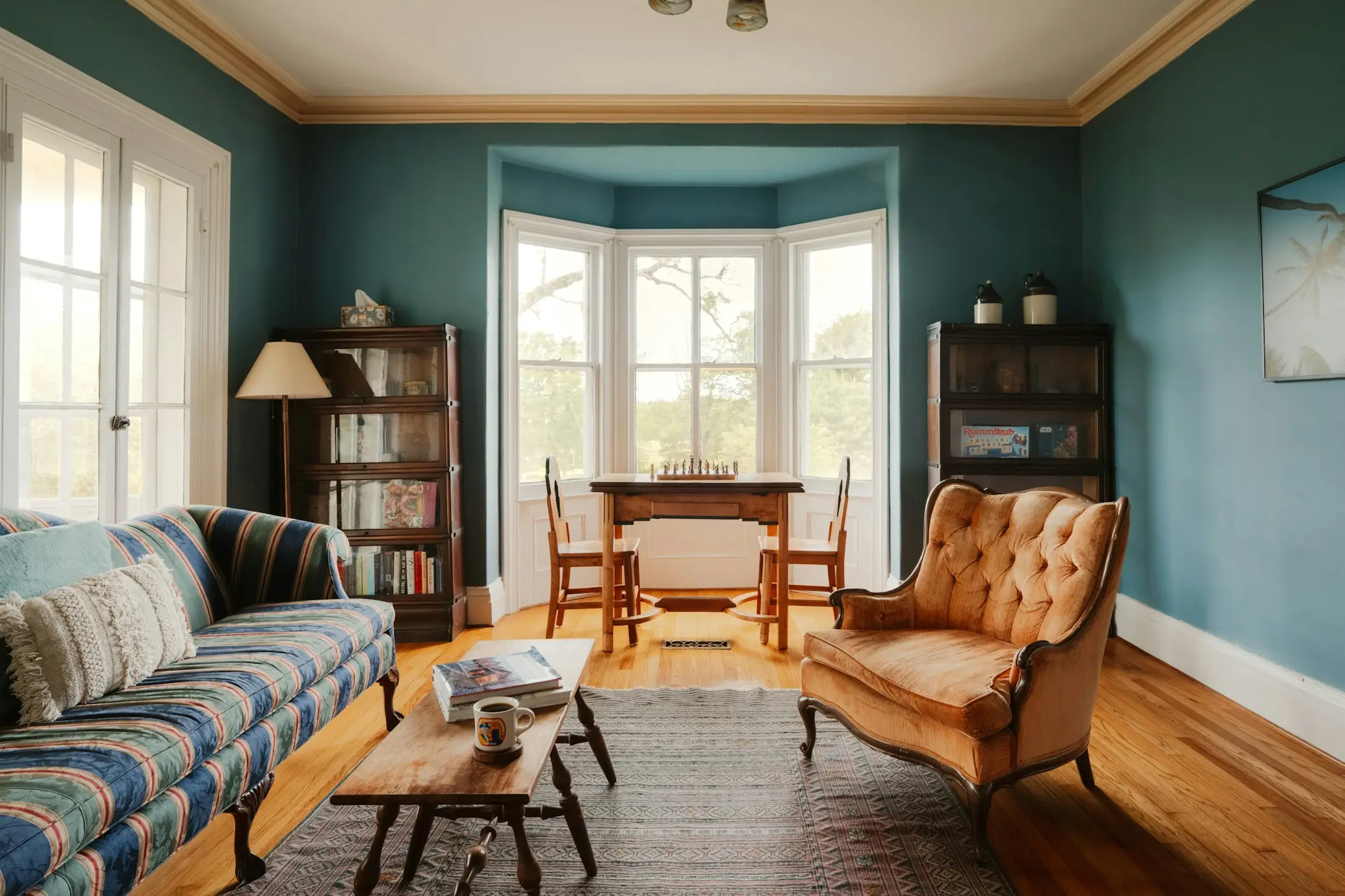 Salon aux murs bleu canard avec bow-window, canapé rayé, table basse en bois, fauteuil capitonné en velours abricot et table d'échecs devant la fenêtre.