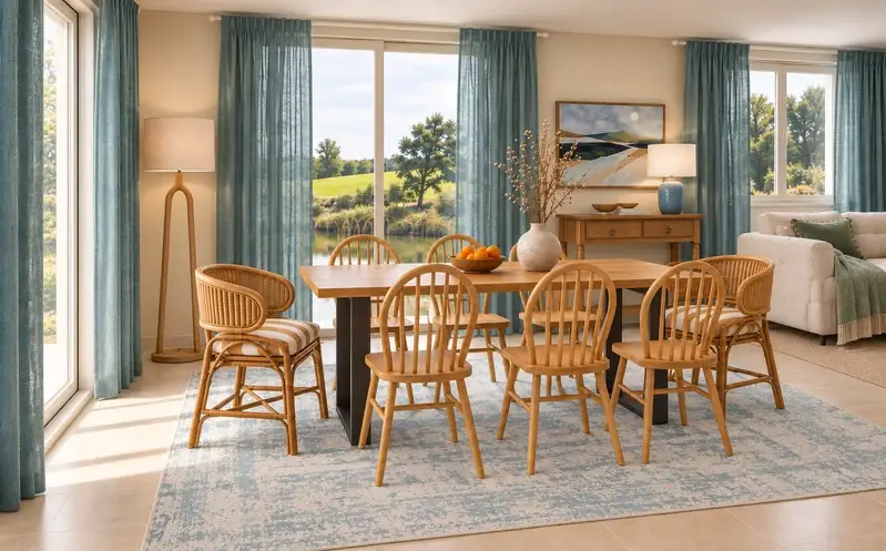 Visuel 3D d'une salle à manger lumineuse : table en bois pour huit, chaises à barreaux en bois et fauteuils en rotin, rideaux bleu glacier, console ancienne sous un grand cadre, tapis bleu pâle.