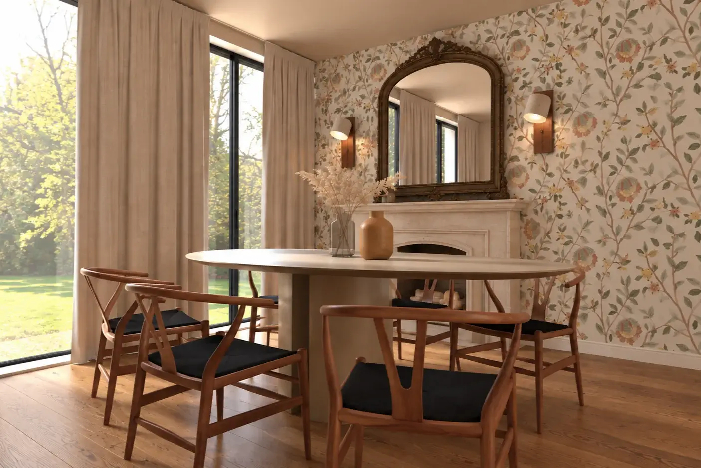 Visuel 3D d'une salle à manger crème : table ovale beige, chaises Wishbone en bois foncé, papier peint à fleurs, miroir ancien doré sur une cheminée en pierre, deux appliques.