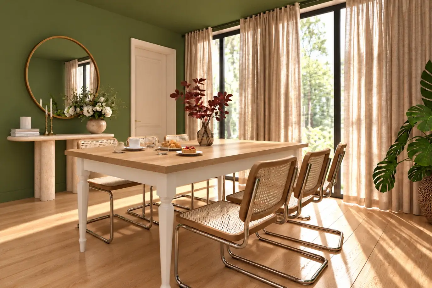 Visuel 3D d'une salle à manger aux murs vert olive : table de campagne blanche au plateau en bois, chaises cannées en tube chromé, console en pierre et miroir rond doré.