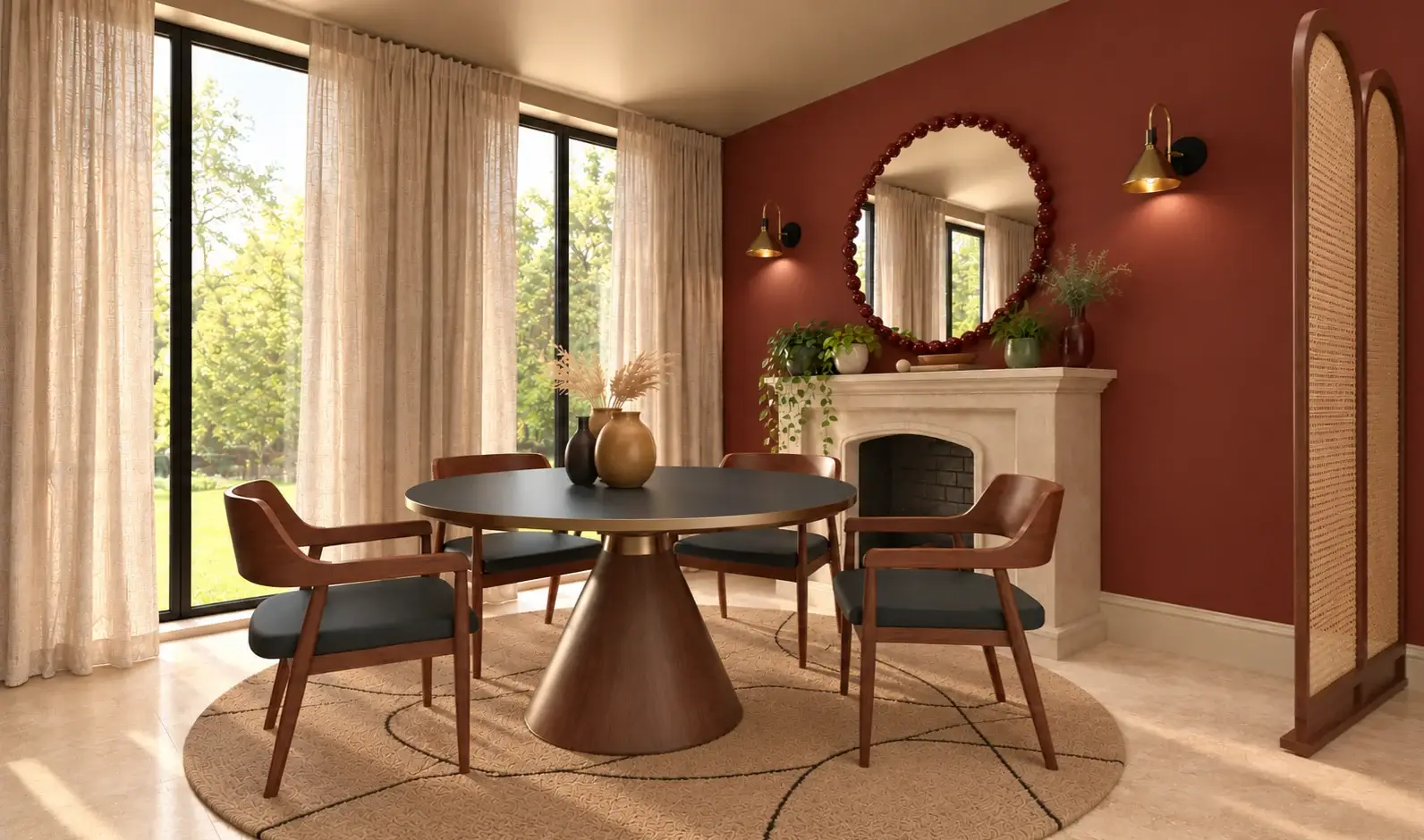 Visuel 3D d'une salle à manger aux murs terracotta : table ronde noire au pied conique en bois, chaises en bois foncé, miroir rond perlé sur une cheminée en pierre, claustra en cannage, tapis rond.