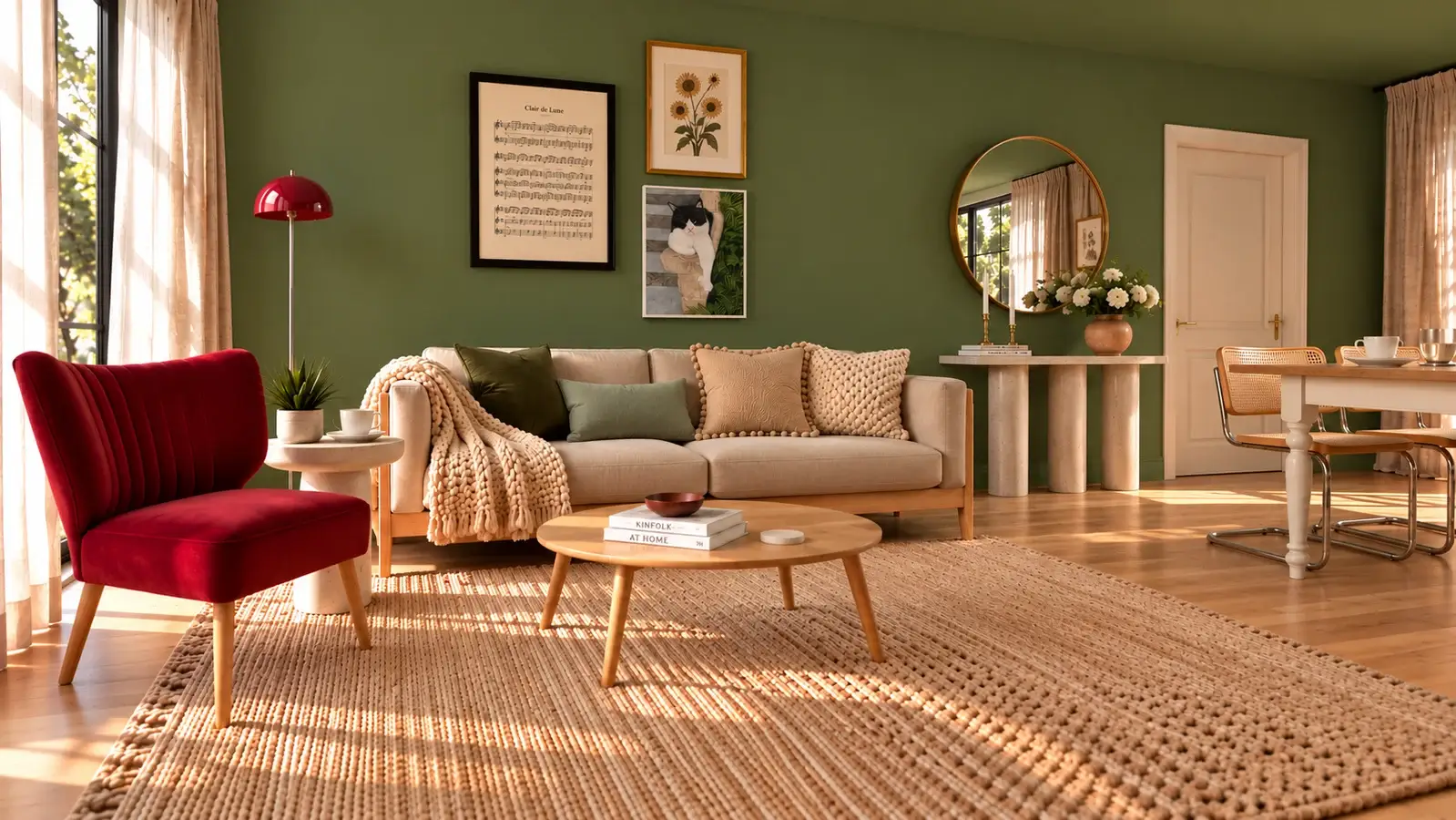 Visuel 3D d'un salon aux murs vert olive : canapé crème et plaid en grosse maille, fauteuil et lampadaire rouges, table basse en bois clair, tapis tressé, chaises cannées.